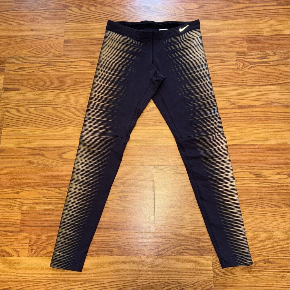 Nike Women's FLASH Leggings Reflective Running Gold RARE Dri-Fit Sz S Gym